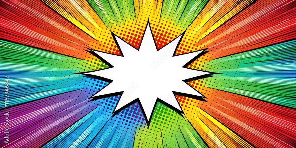 Fototapeta premium Comic book style pop art radial background with colorful and vibrant cartoon elements, pop art, comic book, strip, backdrop