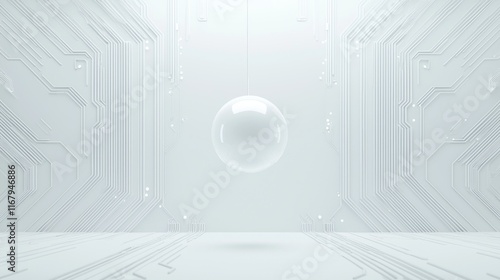 Futuristic AI Concept: Solitary Metallic Orb in Minimalist White Environment with Circuit Diagram - Ultra-Detailed Cinematic Artwork
