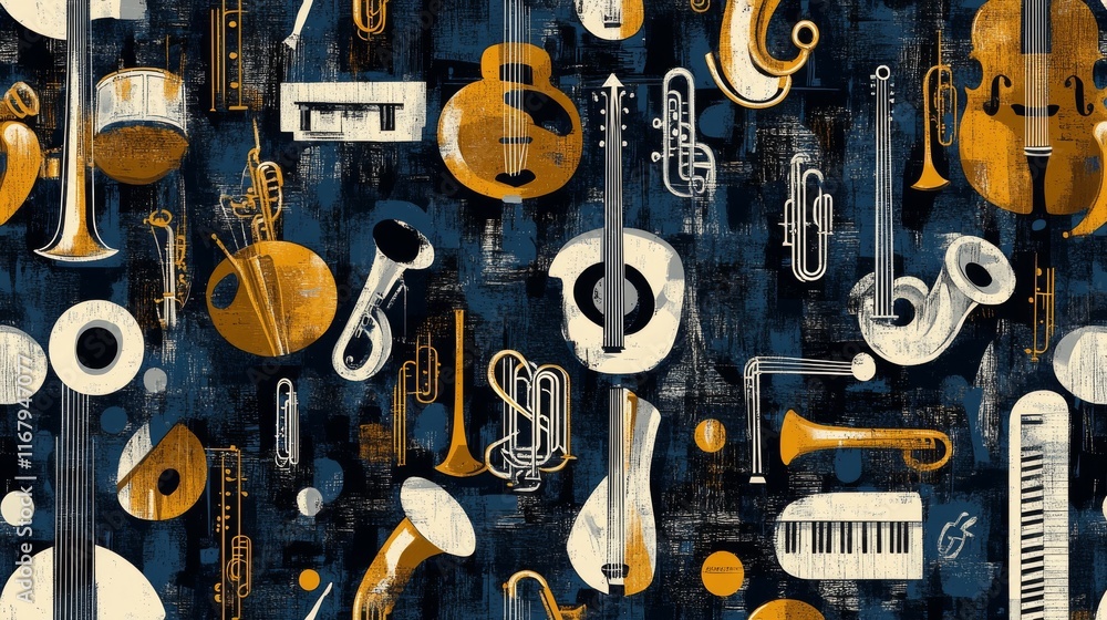 81.A seamless vector pattern featuring an array of musical instruments, including a piano, trumpet, guitar, and various brass, string, and percussion instruments. The design is vibrant and balanced, 81.A seamless vector pattern featuring an array of musical instruments, including a piano, trumpet, guitar, and various brass, string, and percussion instruments. The design is vibrant and balanced,