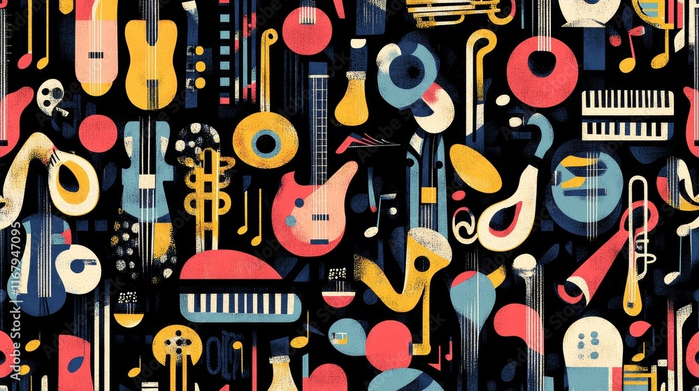 81.A seamless vector pattern featuring an array of musical instruments, including a piano, trumpet, guitar, and various brass, string, and percussion instruments. The design is vibrant and balanced, 81.A seamless vector pattern featuring an array of musical instruments, including a piano, trumpet, guitar, and various brass, string, and percussion instruments. The design is vibrant and balanced,