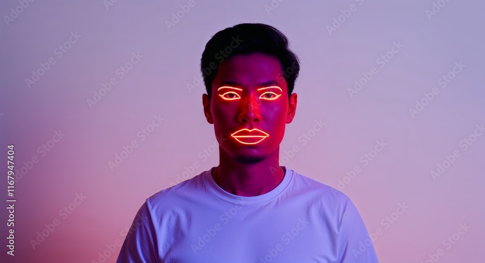 Red theme man face neon hologram on plain white background Red theme man face neon hologram on plain white background