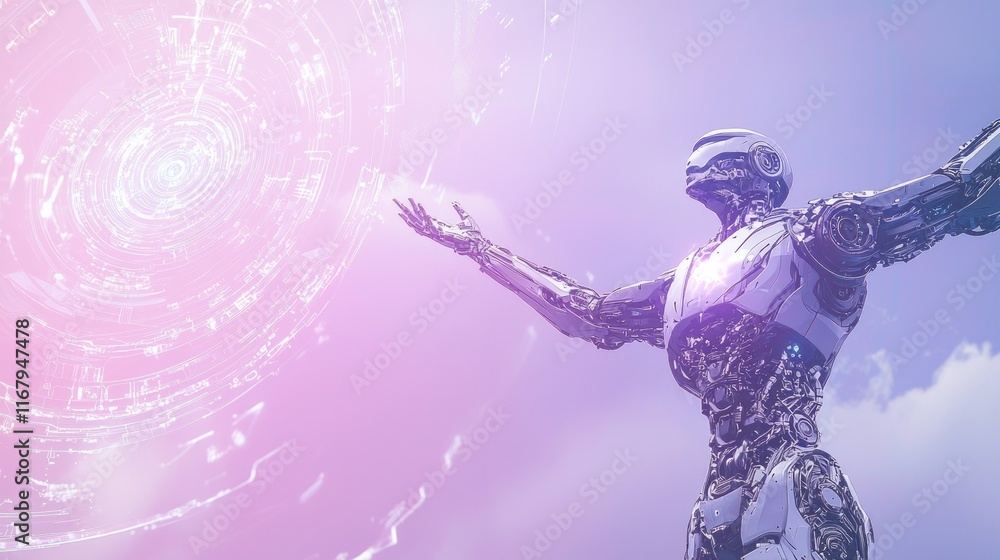 Obraz premium Digital Evolution: Futuristic Mechanical Figure Reaching Amid Data Waves - Cinematic Agentic AI Artwork