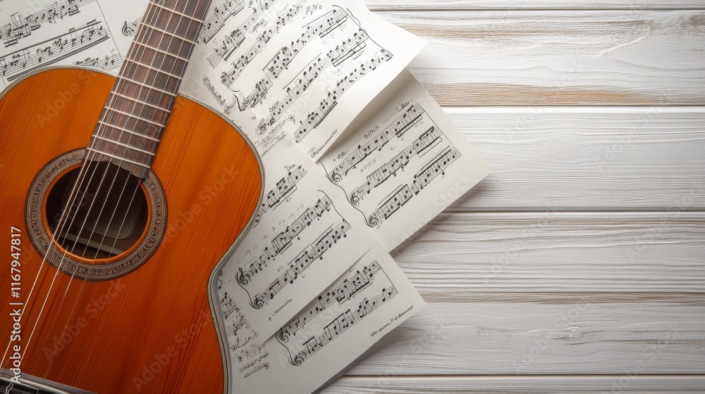 Obraz premium 93.A top-down close-up view of musical notes and sheet music on a white wooden background, with a guitar partially visible in the frame. The edges of the paper are slightly curled, adding character