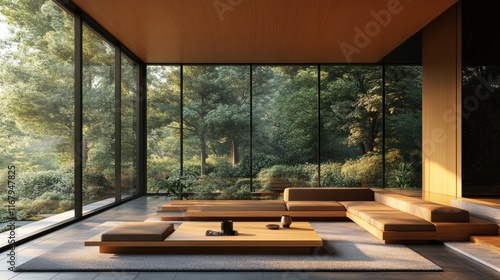 Wallpaper Mural Modern minimalist living room with large windows and nature view Torontodigital.ca