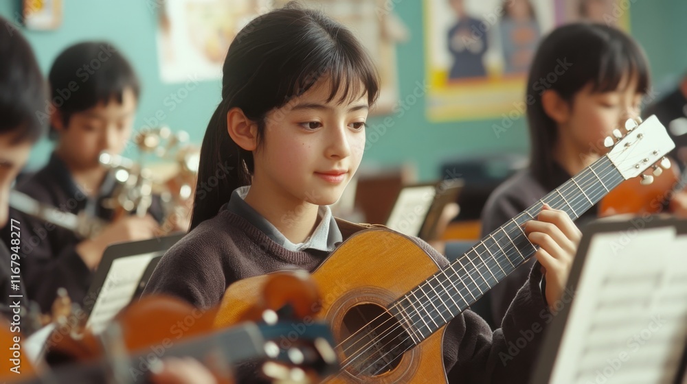 Fototapeta premium 96.A classroom scene showing junior high school students playing various musical instruments, including a guitar, trumpet, and flute. The students are focused on their instruments, with some looking