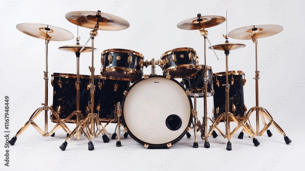 87.A detailed image of a drum set with seven cinnamon-colored elements, contrasted with black shells and adorned with gold-plated hardware. The drums are positioned symmetrically, with the gold 87.A detailed image of a drum set with seven cinnamon-colored elements, contrasted with black shells and adorned with gold-plated hardware. The drums are positioned symmetrically, with the gold