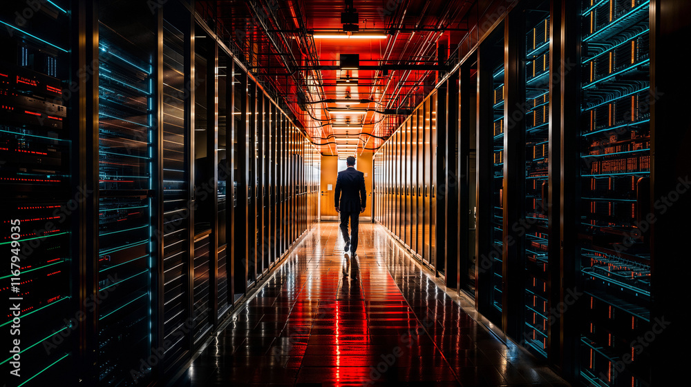businessman walking down a hallway in a server farm businessman walking down a hallway in a server farm