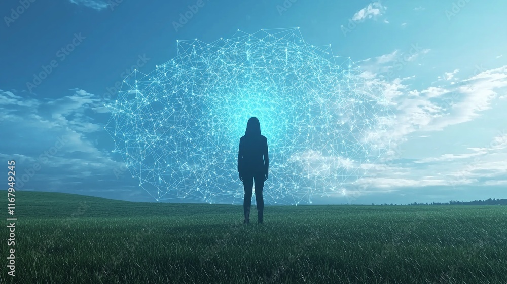 Futuristic AI Silhouette in Open Field Projecting Holographic Data Map - Ultra-Detailed Agentic Concept Artwork Futuristic AI Silhouette in Open Field Projecting Holographic Data Map - Ultra-Detailed Agentic Concept Artwork