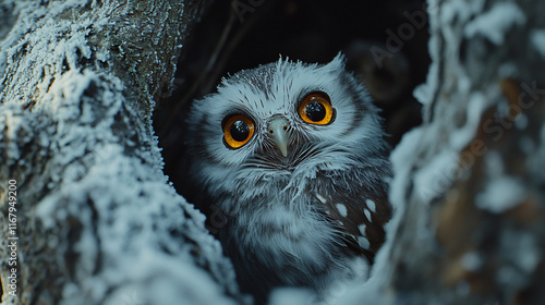 Macro close-up snowy owl piercing yellow eyes hidden tree hollow serene winter scene intricate feather details natural habitat forest bird cute zoo baby chick national park advertising photography photo