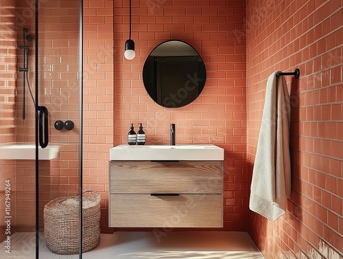 modern bathroom design featuring warm terracotta subway tiles