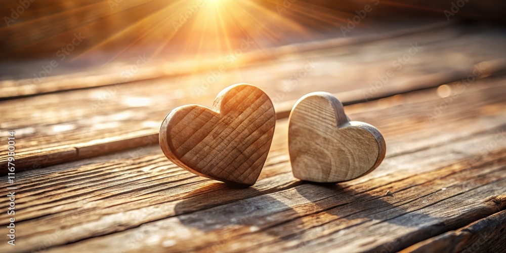 Two wooden hearts placed on a rustic table, bathed in sunlight , love, romance, wedding, rustic Two wooden hearts placed on a rustic table, bathed in sunlight , love, romance, wedding, rustic