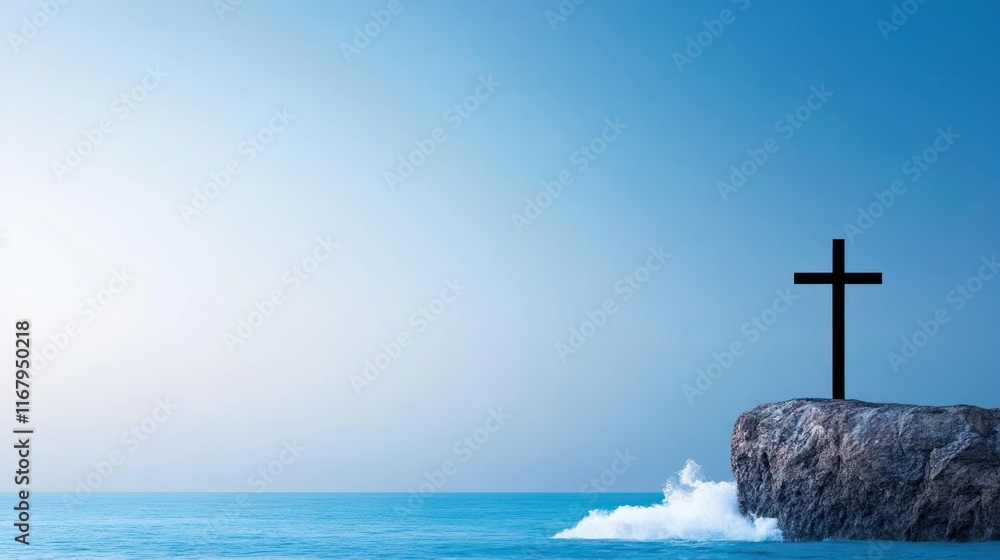 A cross on a rocky shore against a serene ocean backdrop. A cross on a rocky shore against a serene ocean backdrop.