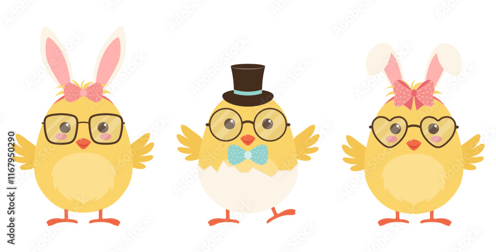 A set of cute Easter chicks. Vector illustration. A set of cute Easter chicks. Vector illustration.