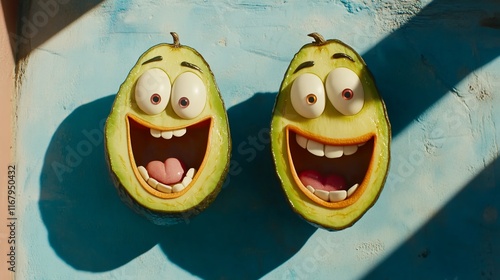 Two animated avocado halves with expressive faces, showcasing joy and humor. photo