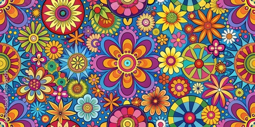 Fototapeta Naklejka Na Ścianę i Meble -  Colorful retro hippie pattern with vibrant flowers and geometric shapes, retro, hippie, pattern, vibrant, flowers, geometric