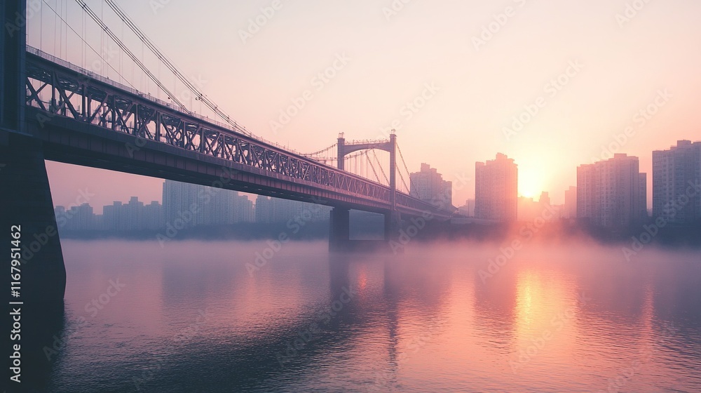 Bridge spans river at sunrise with fog and city skyline. Bridge spans river at sunrise with fog and city skyline.