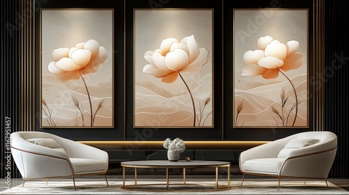 Elegant beige flower triptych wall art in modern living room. photo