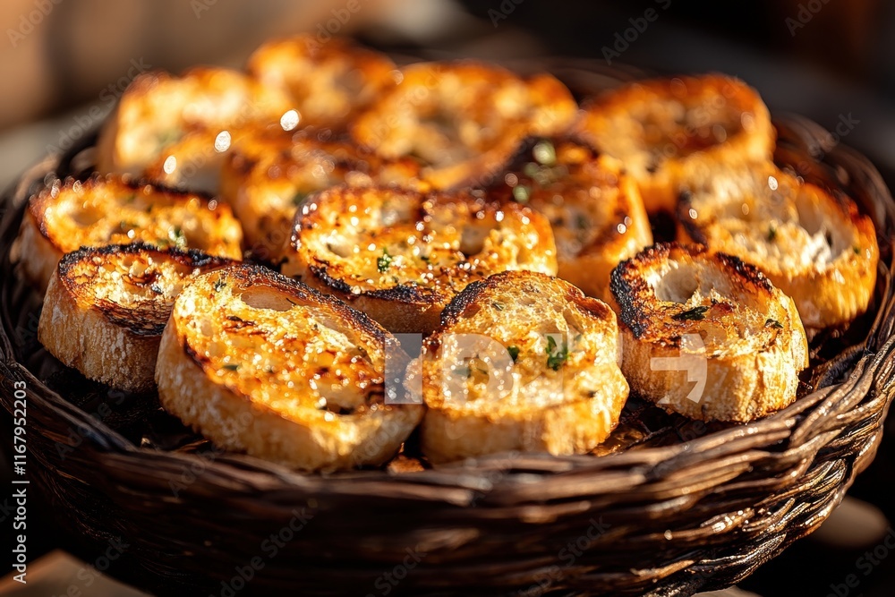 Freshly Toasted Bread Slices in a Rustic Basket with Herbs Freshly Toasted Bread Slices in a Rustic Basket with Herbs
