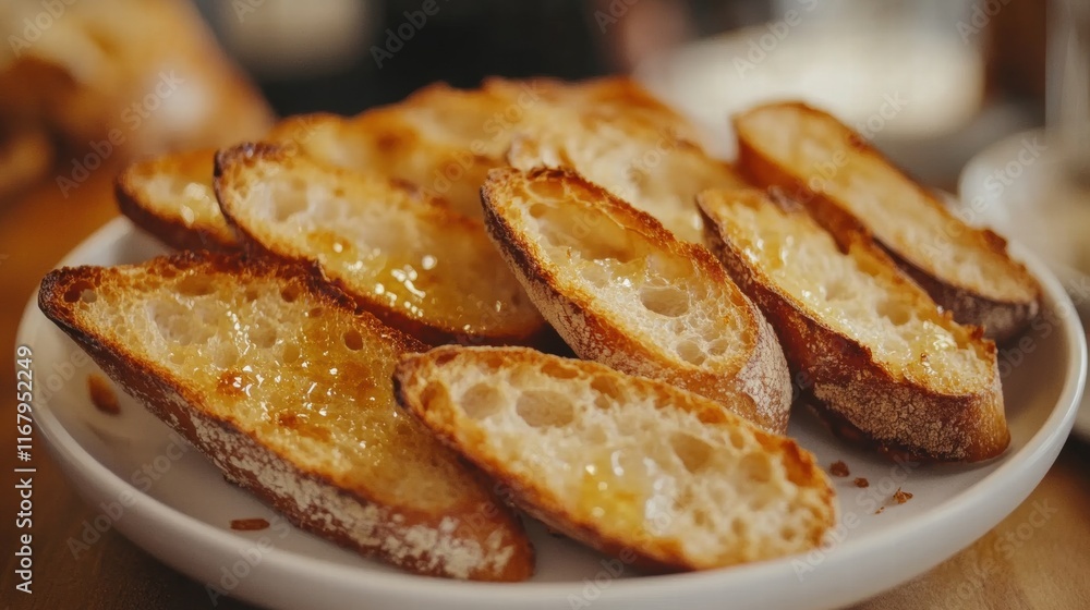 Freshly Toasted Bread Slices with Golden Honey Drizzle on White Plate Freshly Toasted Bread Slices with Golden Honey Drizzle on White Plate