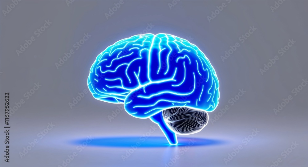 Blue theme brain neon hologram on plain white background Blue theme brain neon hologram on plain white background