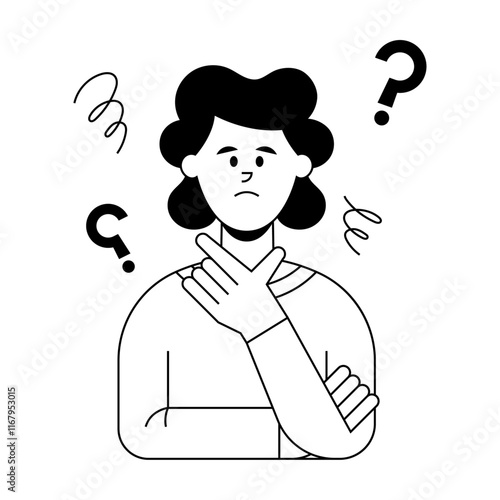Mujer confundida. Expresión de duda, desconcierto, confusión, incertidumbre. Ilustración vectorial