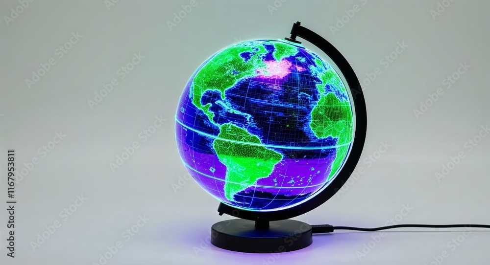 Green theme earth globe neon hologram on plain white background