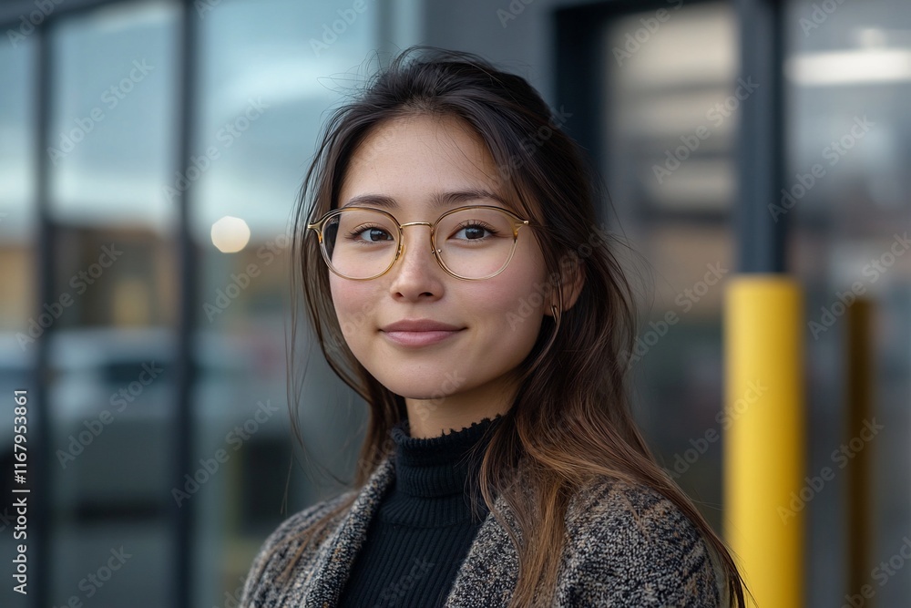 Fototapeta premium Portrait of a young Asian woman with glasses, smiling gently outdoors.