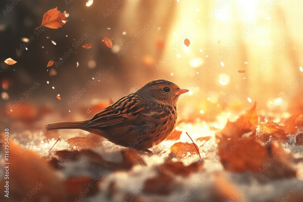 Small Brown Bird Surrounded by Autumn Leaves in Soft Sunlight Small Brown Bird Surrounded by Autumn Leaves in Soft Sunlight