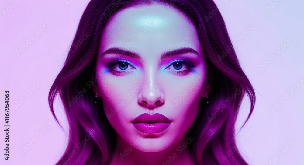 Fototapeta premium Magenta theme woman face neon hologram on plain white background