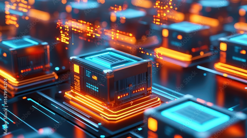 Fototapeta premium A vibrant digital landscape featuring glowing microchips interconnected by intricate circuitry, showcasing a futuristic technology theme.