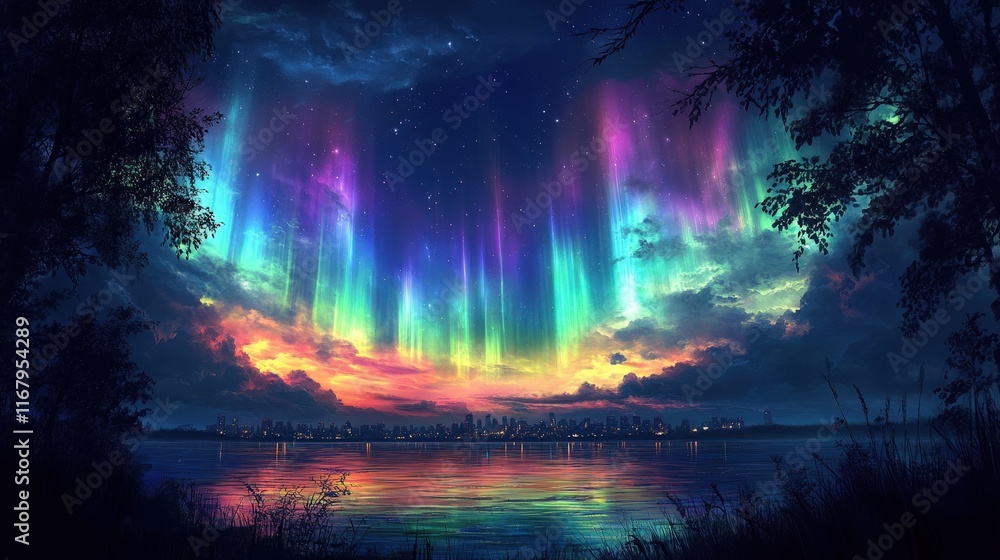 Vibrant aurora borealis over city skyline reflected in calm lake at night. Vibrant aurora borealis over city skyline reflected in calm lake at night.
