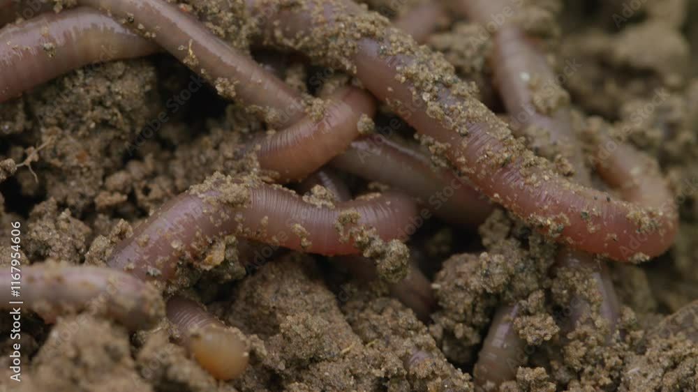 A handheld steady macro shot of earthworms crawling in brown wet soil