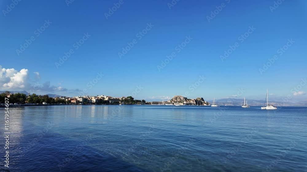 Greece Corfu island Greek Ionian Mediterranean Sea coastal coastline walking POV tourist