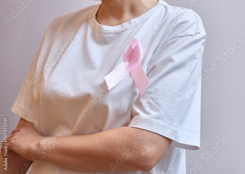 Faceless Woman With A Pink Ribbon About Breast The Concept of Breast Cancer Awareness Month
