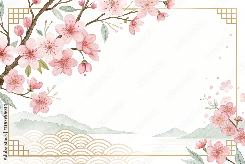 a watercolor illustration with Japanese pattern background a watercolor illustration with Japanese pattern background