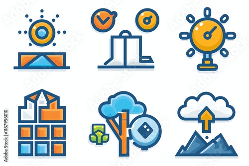 Colorful icons depicting time, efficiency, growth, data, and nature.