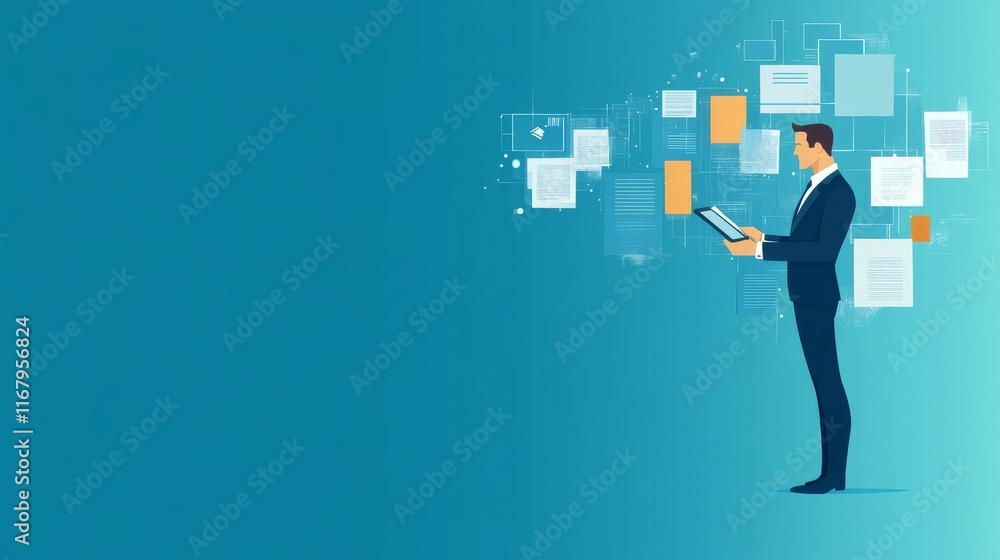 25.A man in a business suit searching for business documents on a digital device, with floating digital elements representing internet search and data analysis. The vector illustration emphasizes the 25.A man in a business suit searching for business documents on a digital device, with floating digital elements representing internet search and data analysis. The vector illustration emphasizes the