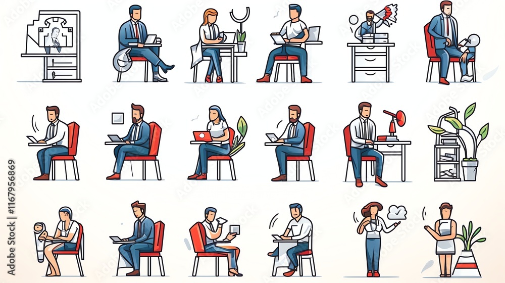 Fototapeta premium Diverse people working at desks and chairs, various activities.