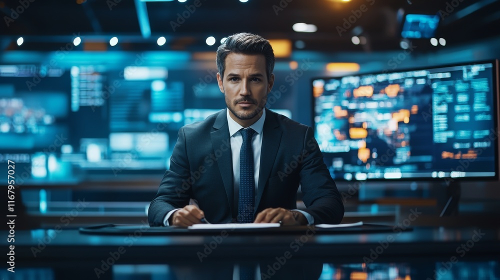 Fototapeta premium 83.A news anchor sitting at a desk in a well-lit studio, confidently reading the day's headlines. The man wears a formal suit and tie, with the news desk in front of him and a large monitor showing