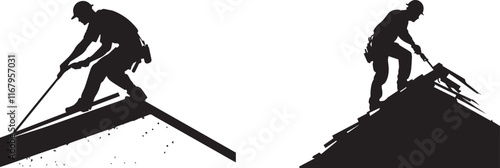 Silhouette of laborer removing old roofing vector silhouette