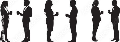 Silhouette of two business people talking while holding coffee cups vector silhouette