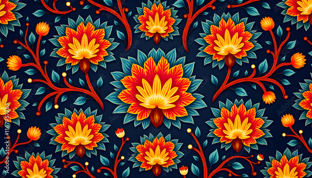 custom made wallpaper toronto digitalVibrant Indian Kalamkari Floral Motifs with Dynamic Layers