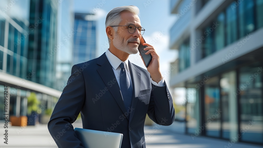 Senior Executive Talking on Phone Outdoors in a Business District Senior Executive Talking on Phone Outdoors in a Business District