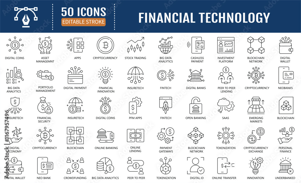 Fototapeta premium Financial Technology Icons set. Includes Fintech, Digital Native, Cloud Tech, Cashless Payment, Digital Economy, Mobile Payments and more. Vector Illustration