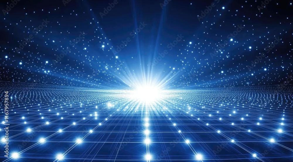 Fototapeta premium Abstract blue background with light rays and glowing dots, digital grid lines, technology background ,generative ai