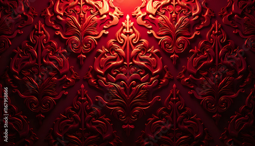 Bold Gothic Damask in Crimson with Subtle Metallic Highlights