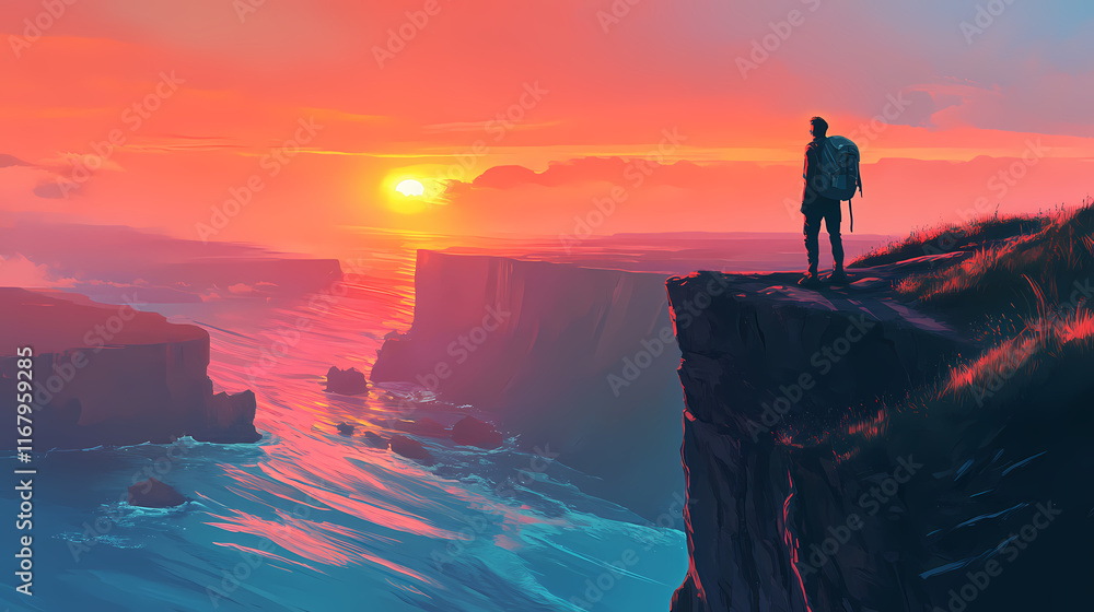Obraz premium Traveler gazing at scenic sunrise landscape from cliff symbolizing adventure and wanderlust. Wanderlust. Illustration