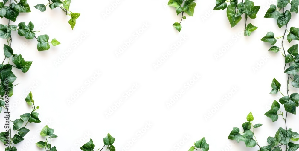 Lush green ivy leaves frame a clean white background, perfect for text or design. Lush green ivy leaves frame a clean white background, perfect for text or design.