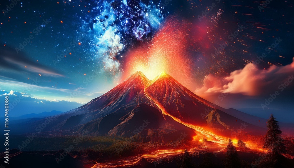 Fototapeta premium Cosmic Inferno: Eruption and Nebula Collide Over Volcanic Peak
