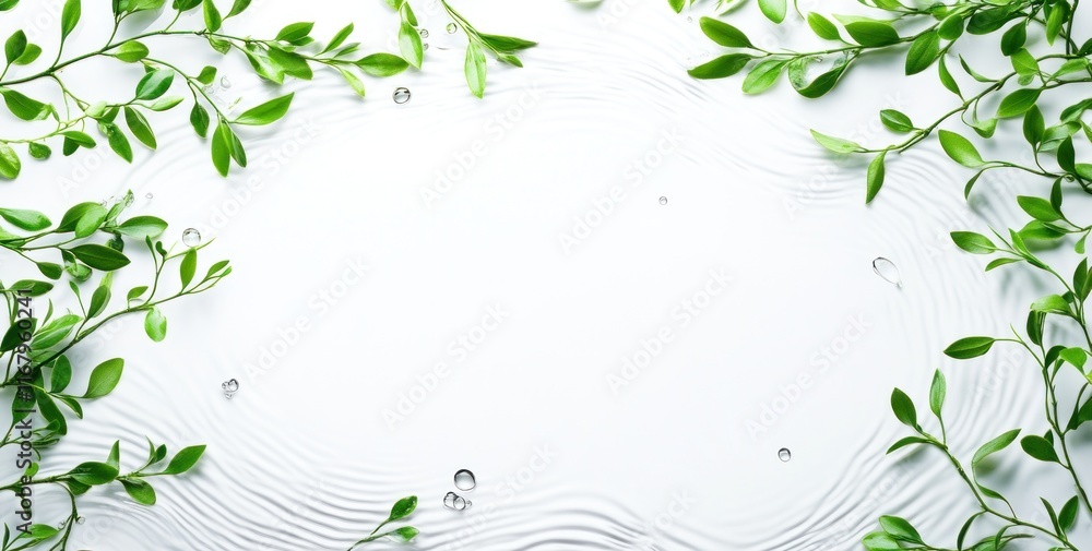Fresh green leaves frame on white textured background with water drops. Fresh green leaves frame on white textured background with water drops.